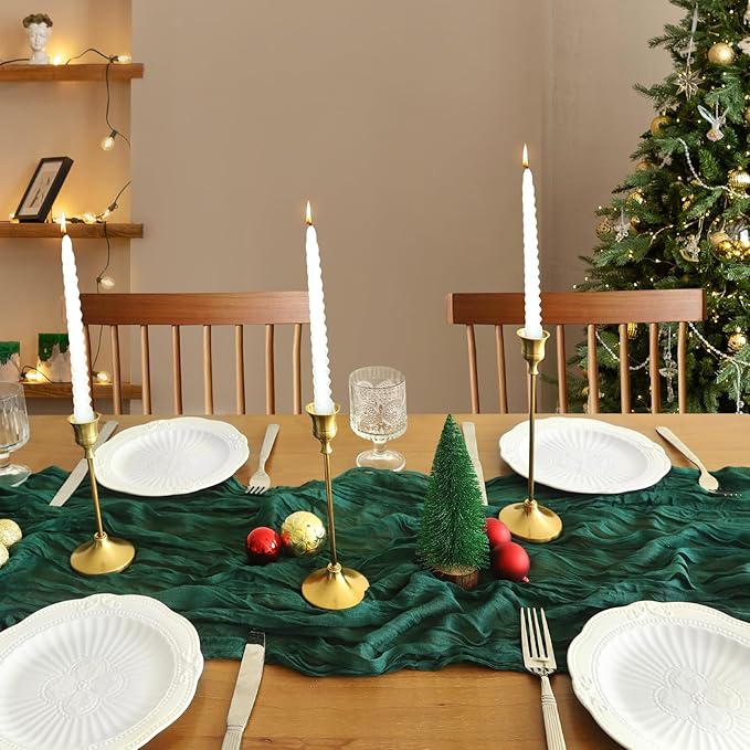 Christmas Table Runner, 10FT Cheesecloth Emerald Green Table Runners 35*120inch Rustic Vintage Table Runner for Christmas Indoor Home Kitchen Table Party Decorations