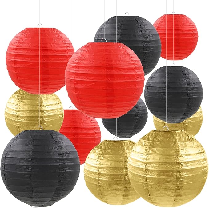 12 Pcs Red Black Gold Paper Lanterns Round Hanging Paper Lanterns for Birthday Wedding Graduation New Year Bachelorette Party Decoration