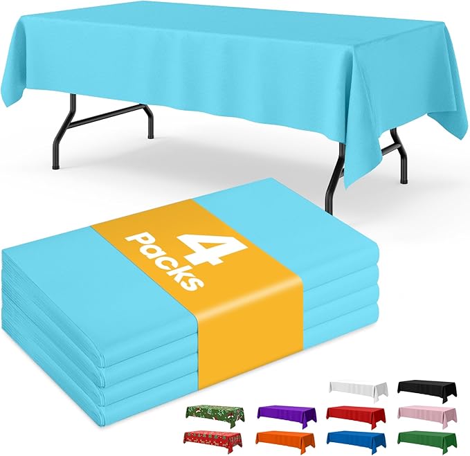 Light Blue Plastic Table Cloth - 4 Pack 54" × 108" Rectangle Disposable Tablecloths for 6FT Tables, Table Cover for Easter Party, Holiday & Gathering Use