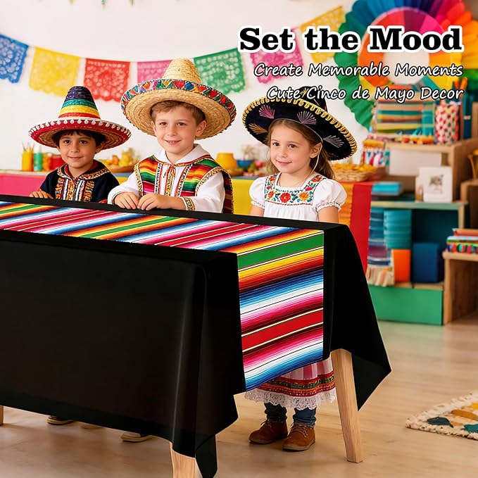 3 Pack Mexican Party Decorations Tablecloths - 108 x 54 Inch Black Fiesta Tablecloth with Serape Stripe for Cinco de Mayo, Taco Twosday Birthday & Outdoor BBQ
