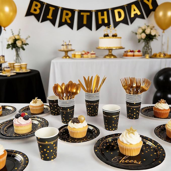 Black Gold Paper Plates and Napkins Party Supplies for 24 Guests, 168 Pcs Disposable Paper Plates with Utensils Set for Black and Gold Graduation Birthday Anniversary Retirement Party Decorations