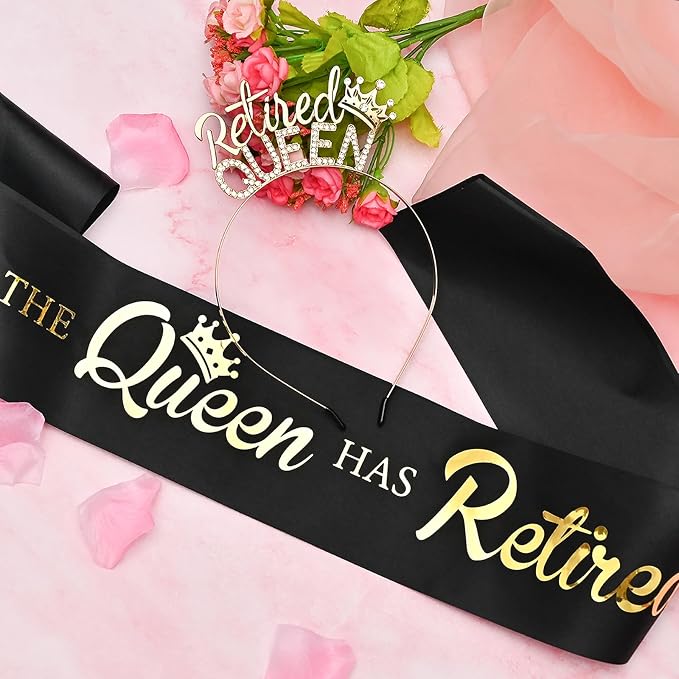 Retirement Gifts for Women - Retired Women Retirement Party Decorations, Black Gold Sash and Tiara -The Queen Has Retired! Queen Theme Party Favors, Rhinestone Headband.