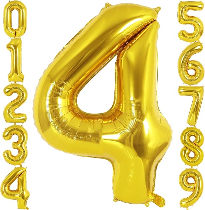 Gold Number 4 Balloon 40 Inch, Big Large Foil Helium Number Balloons, Giant Mylar Number 4 Balloons for 4 Year Old Birthday Party Decorations Supplies Anniversary