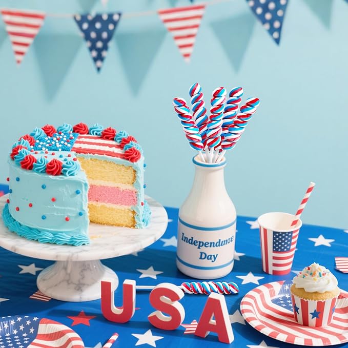 Red White and Blue Twisty Lollipops Individually Wrapped Twist Suckers Bulk for Party Favors Kid's Lollipop Candy for Birthday Blueberry Flavors 30 Pack