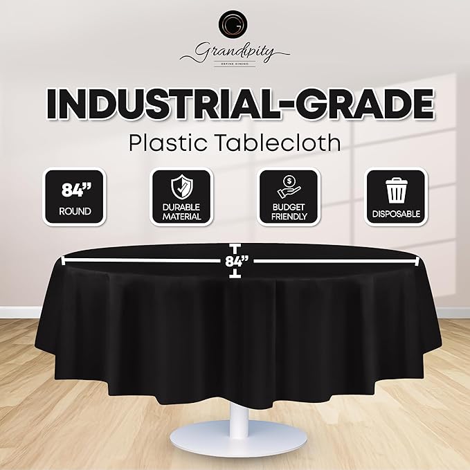 Grandipity 12 Pack Premium Disposable Plastic Tablecloth 84" Inch Decorative Round Table Cover - Black