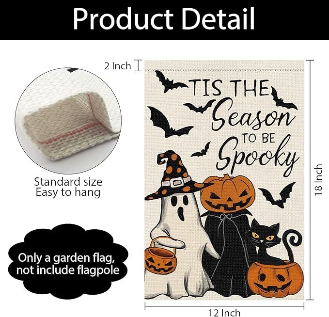 Halloween Garden Flag Tis the Season to be Spooky Ghost Pumpkins Black Cat Yard Flag 12x18 Inch Double Sided Holiday Yard Outdoor Decoration