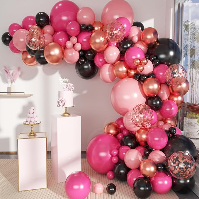 Hot Pink Black Rose Gold Balloon Arch Garland Kit, 146 Pcs Rose Red Tender Pink Black Confetti Rose Gold Balloons for Graduation Birthday Party Baby Shower Wedding Decorations