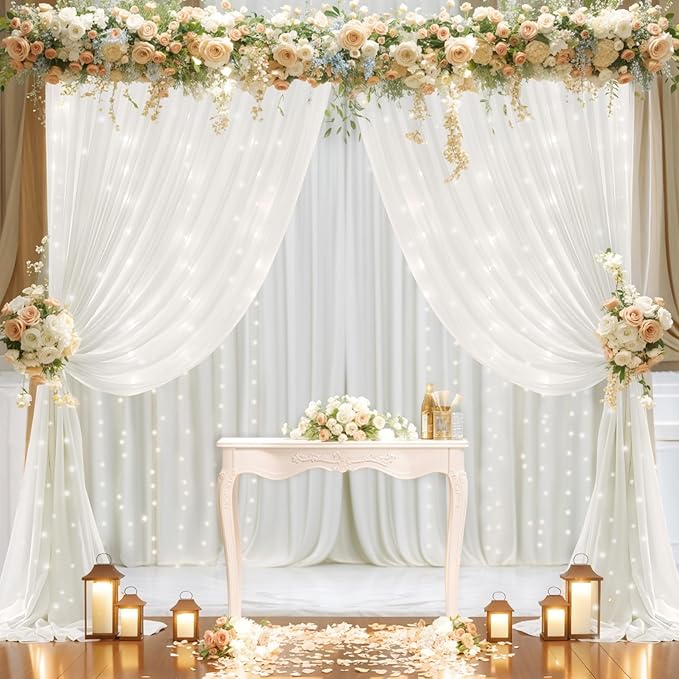 10x10ft Cream White Chiffon Backdrop Curtain with Lights String for Wedding Sheer Tulle Curtain Photo Backdrops Drapes for Baby Shower Birthday Party Home Ceremony Decorations