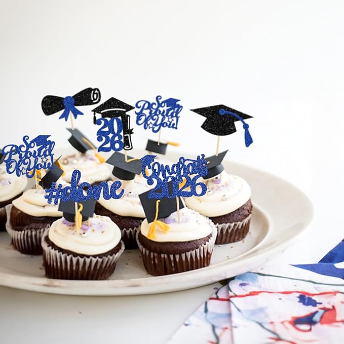 Gyufise 24Pcs 2026 Graduation Done Cupcake Toppers Blue Glitter Congrats Class of 2026 Diploma Grad Cap Cupcake Picks So Proud of You Cake Decorations for 2026 Graduation Theme Party Supplies