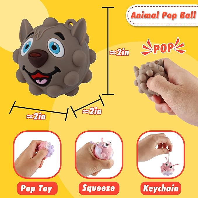 24 PACK Animal Pop Balls Party Favors for Kids, 3D Pop Fidget Balls Toys Bulk, Gifts for Boys & Girls, Goodie Bag Stuffers, Pinata Stuffers, Treasure Box Toys, Prizes for Kids
