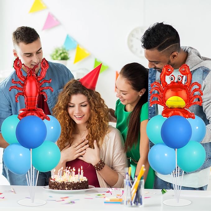 4 Sets Ocean Animal Theme Party Balloons Stand Kit with Sea Turtle Seahorse Lobster Crab Foil Balloons Party Balloon Centerpiece for Tables for Under the Sea Birthday Pool Beach Decoration