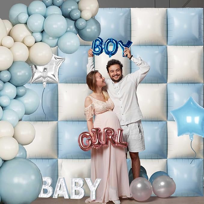 Baby Blue White Square Foil Balloons Wall, 25PCS Dusty Blue and Pastel Cream Square Balloons Backdrop, Double Sided Tunnel Arch Background for Boho Baby Shower Boys Men Birthdays Wedding Bridal