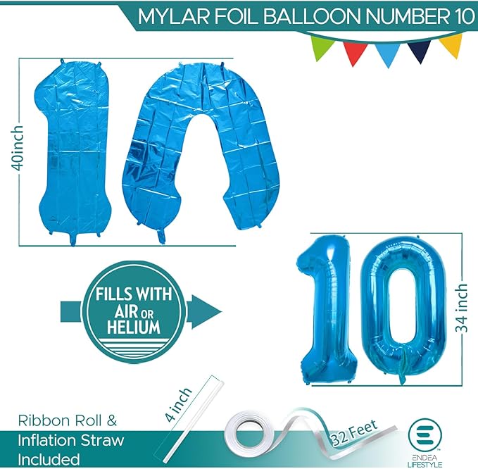 40 Inch Large Blue Number Celebration and Decoration Balloon for Birthday Parties, Graduations, Anniversaries, Weddings, Photo Shoots, Special Events - Helium Foil Mylar (Blue Number 10)