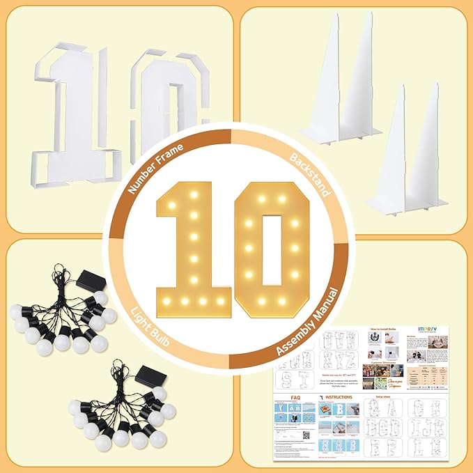 Imprsv 4FT Light Up Numbers, Marquee 10th Birthday Decorations for Girls Boys, Large Light Up 10th Birthday Women Foam Board Anniversary Party Decorations Arch Kit (DIY)