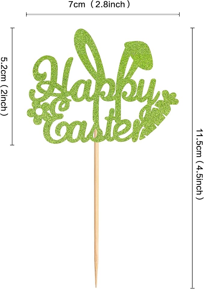 Ercadio 24Pcs Happy Easter Cupcake Toppers Glitter Green Happy Easter Bunny Ears Cupcake Picks for Easter Day Theme Baby Shower Easter Birthday Party Cupcake Decorations
