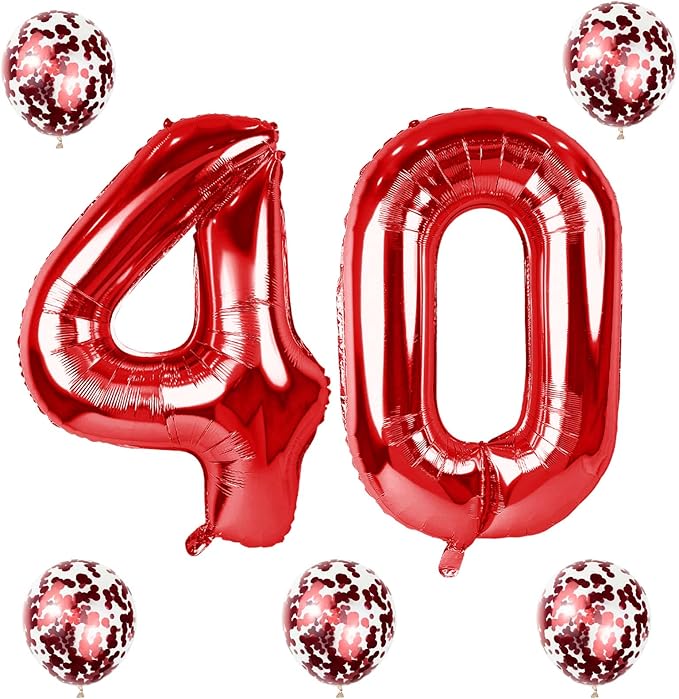 40th Birthday Balloons for Women, 40 Inch Giant Red Foil Number 40 Balloons with Red Confetti Balloons Kit, Digit 4 & 0 Helium Balloons for Girls Boys Men 4th 40th Anniversary Party Decorations