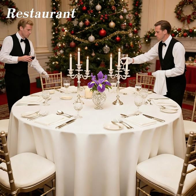 WIGENIUS 2 Pack Ivory Table Cloth Round Tablecloths 90 Inch,Polyester Table Cloth for 5 Foot Round Tables,Wrinkle Resistant Washable Fabric Table Covers for Party,Wedding Banquet