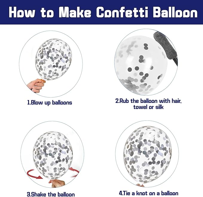 Navy Blue Silver Balloons Kit,50pcs 12inch Royal Dark Blue Metallic Silver White Balloon with Conffetti Latex Balloon for Wedding Graduation Birthday Anniversary Party Decorations