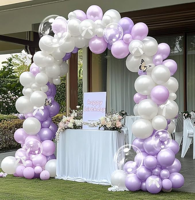 Purple White Balloon Garland Double Stuffed Pearl Pastel White Light Purple Lavender Lilac Balloons with Bow Clear Balloon Arch Kit for Wedding Bridal Baby Shower Birthday Butterfly Fairy Decor
