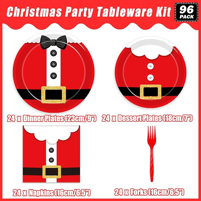 96 Pcs Santa Christmas Paper Plates Santa Claus Suit Disposable Party Plates Napkins Set Merry Christmas Holiday Dinnerware Party Decoration Supplies, Serves 24