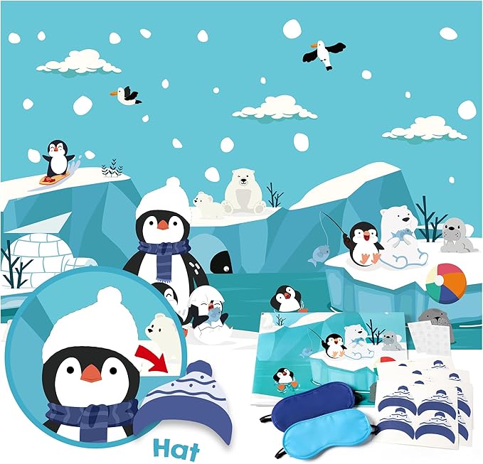 Winter Party Games for Kids Christmas Pin the Hat On the Penguin Large Poster with Stickers Blindfolds Fun Polar Arctic Animals Activities Party Decorations for Xmas Holiday Birthday Family Gatherings