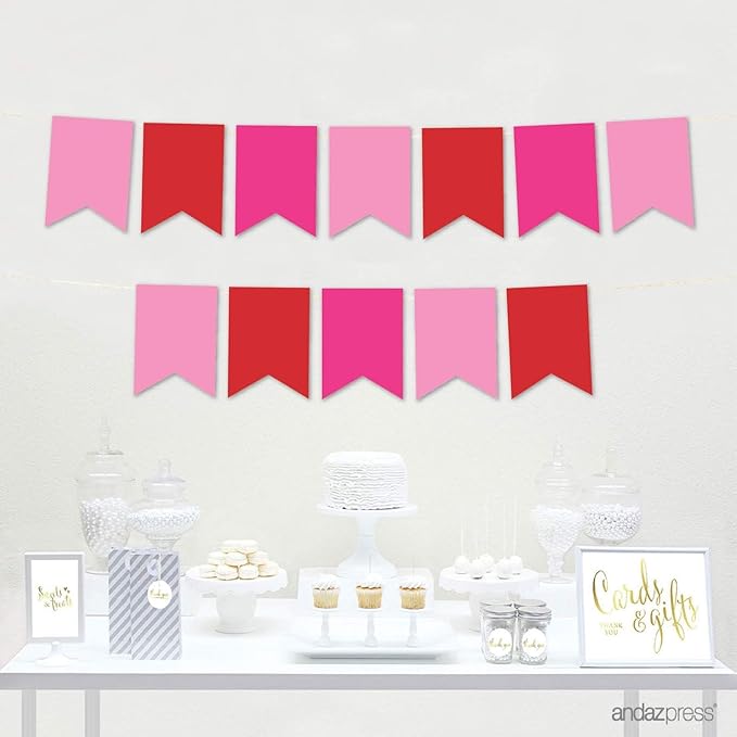 Andaz Press Hanging Pennant Banner with String, Pink, Fuchsia, Red, 1-Set, 24 Pennants, Approx. 12-Feet Long, Valentine's Day Theme Colored Supplies