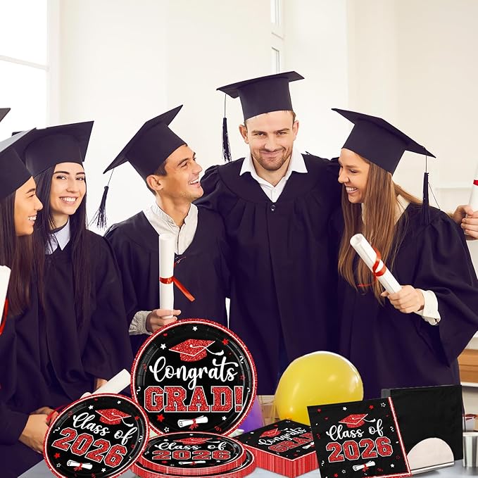Graduation Plates and Napkins 2026,Red and Black Graduation Decorations 200pcs Graduation Paper Plates and Napkins Graduation Party Supplies for Graduation Party Decorations,Serve 50