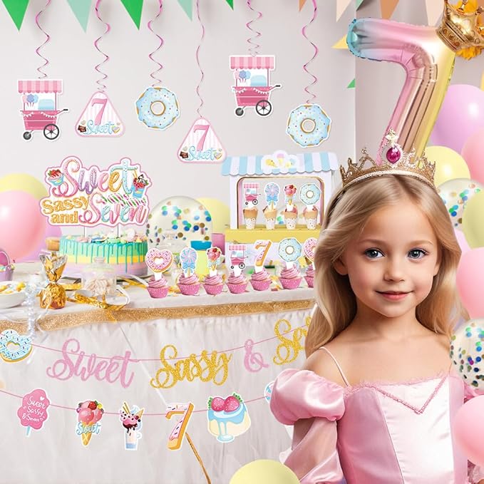 Sweet Sassy And Seven Birthday Decorations- 7th Birthday Decorations For Girls With Donut Banner Sweet Cake Topper 7th Foil Balloon For 7th Donut Themed Party Decor Sweet Seven Party Supplies