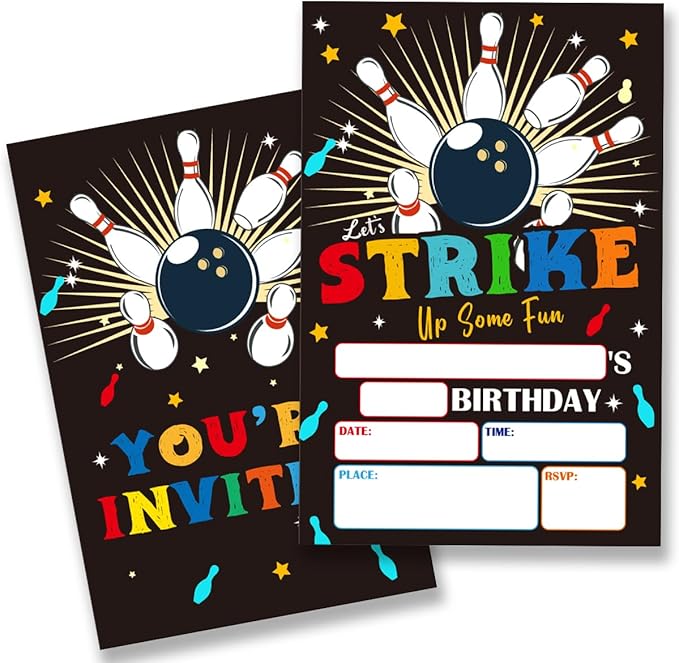 Bowling Birthday Party Invitations Supplies with Envelopes Set of 20 Bowling Theme Birthday Invites for Boys Fill in Blank, Double Sided