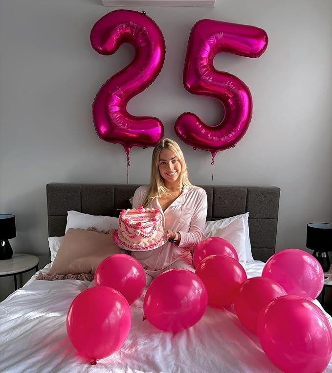 Hot Pink Number 25 Balloons 40 inch, 25 Number Balloons, 25th Birthday Decorations, 25 Year Old Women Hot Pink Party Supplies