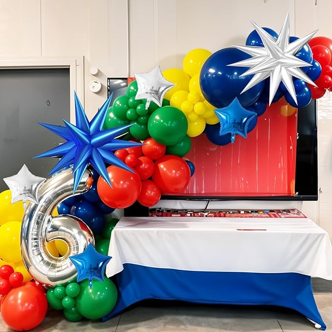 Red Yellow Blue Green Balloon Arch Garland Kit, Navy Blue Dark Green Colorful Balloons, Blue Silver Star Foil Balloons for Boy Girl Theme Birthday Party Decorations Baby Shower Backdrop