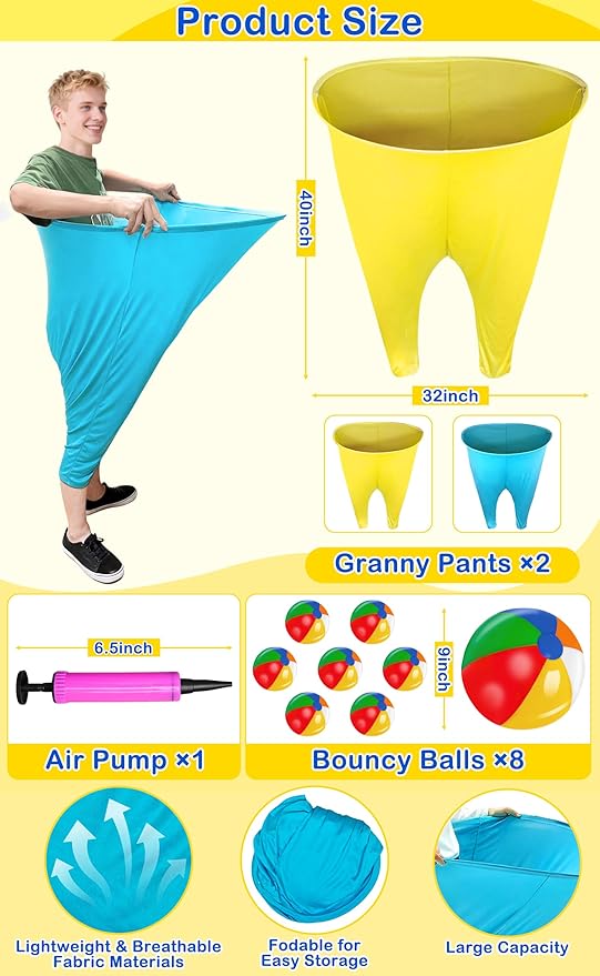 11 PCS Granny Pants Yard Game Easter Games Set, Oversized Blue & Yellow Pants With 8 Colorful Bouncy Balls & 1 Air Pump, Outdoor Tossing Games For Adults Family Easter Carnival Party Reunion Gathering