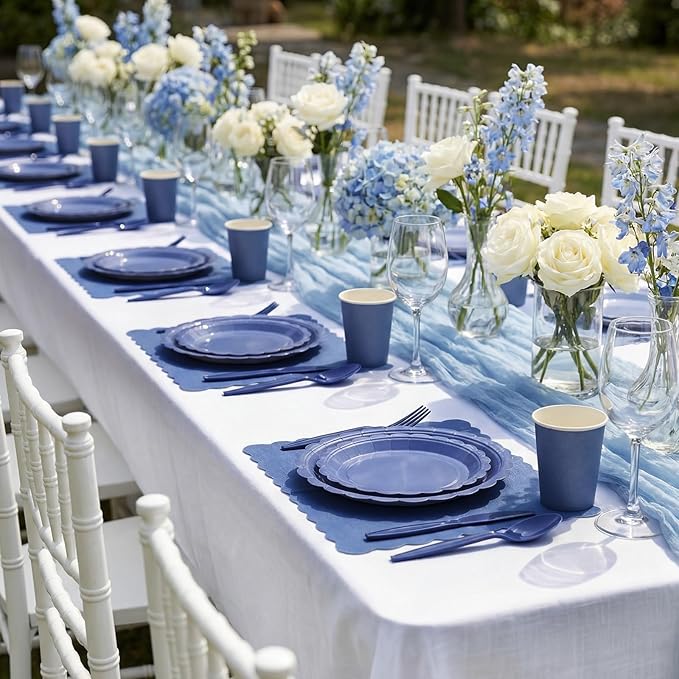 350 Pcs Navy Blue Plates and Napkins, 50 Guest Graduation Party Supplies Include Scalloped Paper Plates Napkins Cups Plastic Spoons Forks Knives Disposable Tableware Set for School Graduate