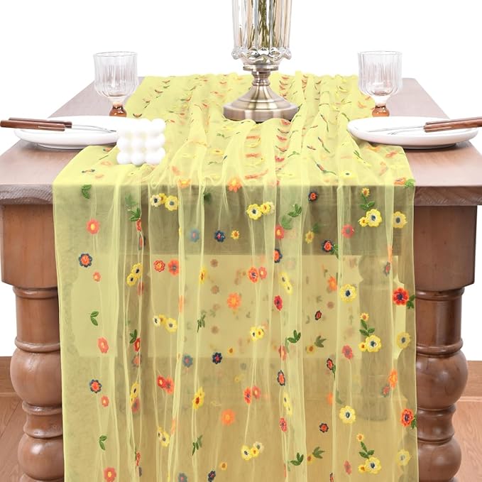 Joanlody Yellow Embroidery Daisy Spring Summer Table Runner Florals Seasonal Easter Tulle Table Runner Holiday Kitchen Dining Table Decoration Wedding Party
