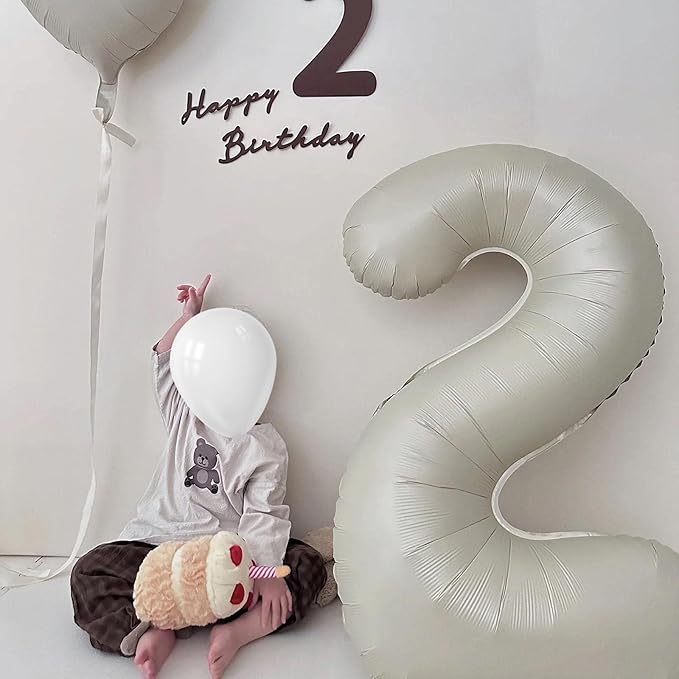 Number 2 Balloon, 2 Balloon, 2 Balloon Number 40 Inch, Sand White Large Big Foil Number Balloons for 2 Birthday Party Wedding Anniversary Baby Shower Bachelorette Decoration Supplies