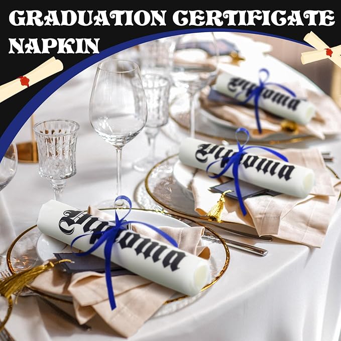 100 Set Graduation Diploma Guest Napkins Red Black and White Rolled Silverware Disposable Grad Award Dinner Napkin with Ribbon and Scissors for Celebration (diploma, Blue, 100 Pcs)