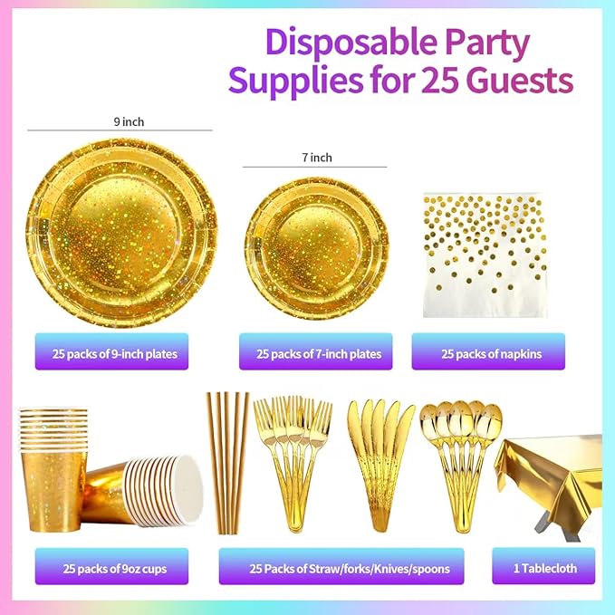 201-piece disposable party tableware set with paper plates, cups, napkins, straws, tablecloths, plastic knives, forks and spoons for a variety of party occasions for up to 25 people (Golden Star)