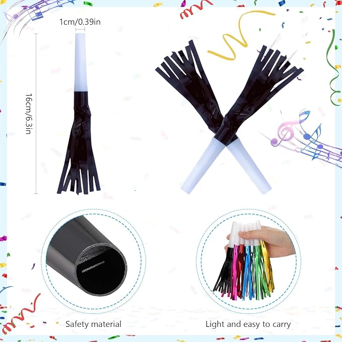 30 Pcs Gold Noise Makers, Metallic Fringed Noise Makers for New Year Party Favor Supplies, Black