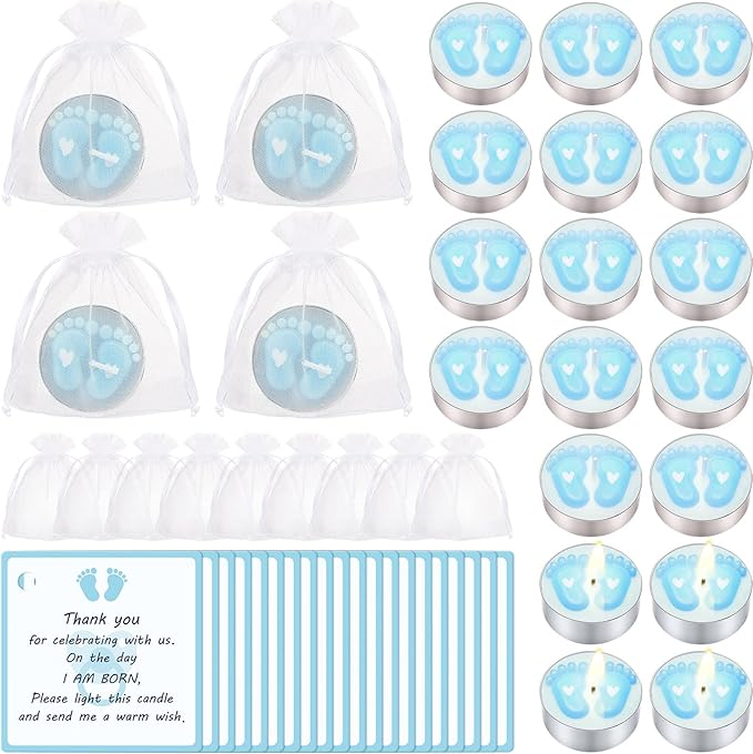 Treela 20 Sets Baby Shower Party Favors Blue Tea Lights Candles with Organza Bag for Guests Cute Feet Shaped Burning Thank You Tags Return Gifts Keepsakes for Baby Shower Gender Reveal Party