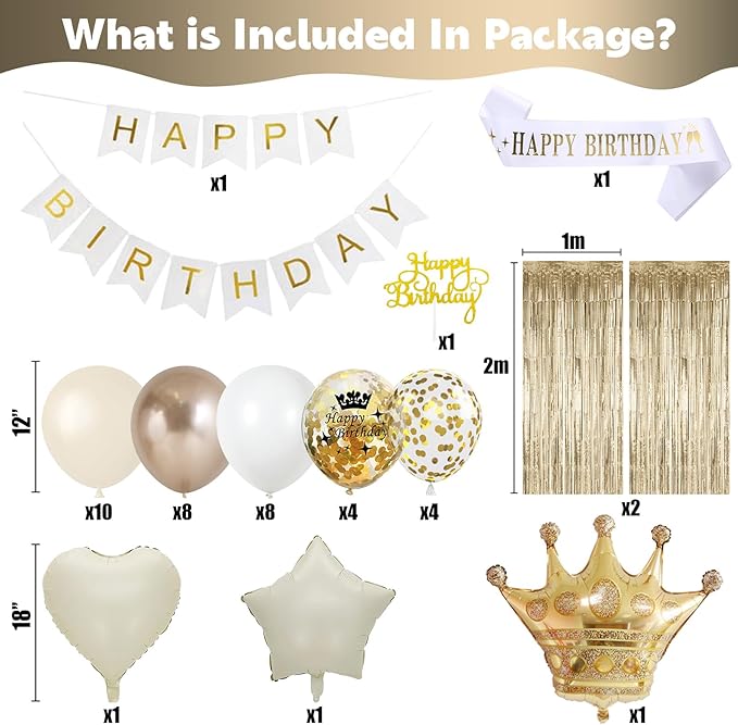 Birthday Decorations for Women, Champagne Gold Birthday Decortion White Beige Neutral Cream Gold Latex Balloons Banner Fringe Curtain for Women Girls Boho Party Supplies