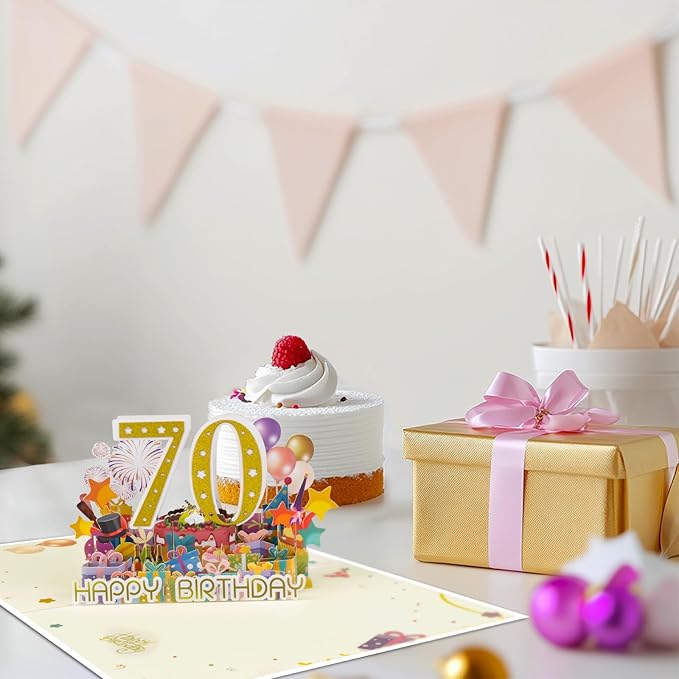 70 Years 0ld Firework Pop Up Happy Birthday Greeting Card, ideal love Gift for Adult and Kid with Blank Note & Envelope, Foldable Celebration for Daughter, Son, Mom, Dad, Friend, Children