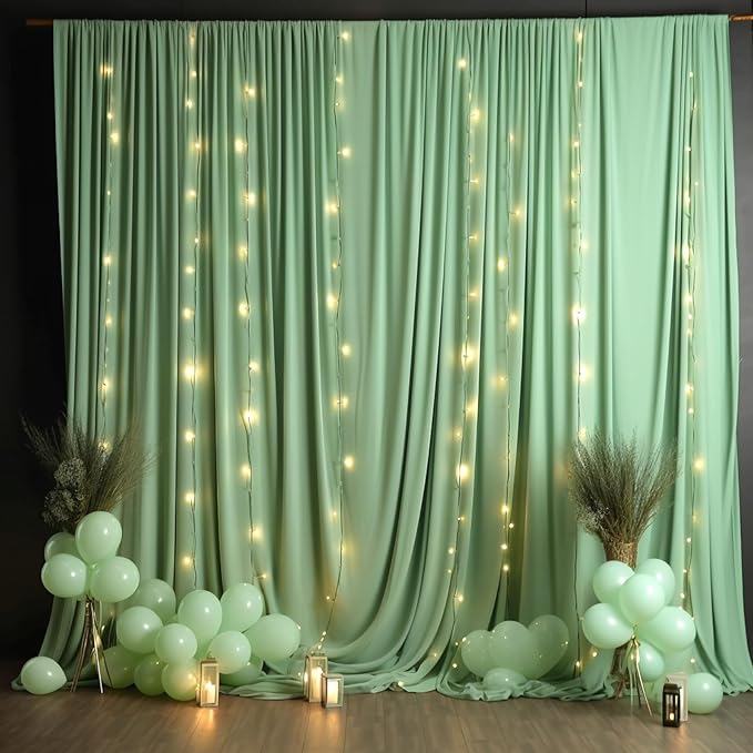 Sage Green Backdrop Curtains with Lights,10x10FT Wrinkle Free Photo Curtains Backdrop Drapes Fabric for Baby Shower Birthday Ceremony Reception Home Party Decorations-5ft x 10ft,2 Panels