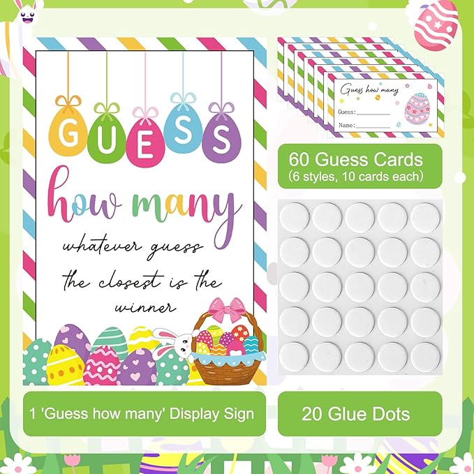 COCHIE Spring Easter Game for Family Adults Office Large Groups Party, Easter Egg Guess How Many Games, Spring Families Classroom Activities Game with Guesses Cards - 60 Players (Bunny Eggs)