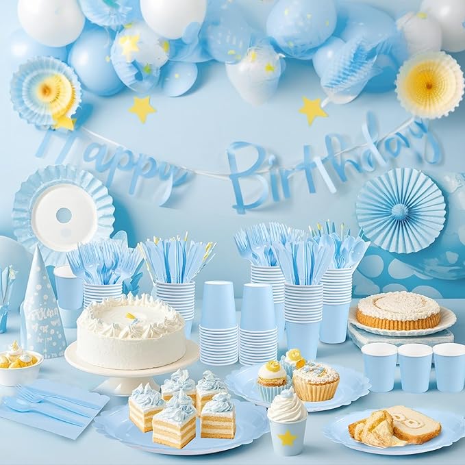 LIYH 350 Pcs Light Blue Paper Plates and Napkins 50 Guest Blue Party Supplies Include Scalloped Easter Paper Plates Cocktail Napkins Cups Spoons Forks Knives for Baby Shower,Birthday
