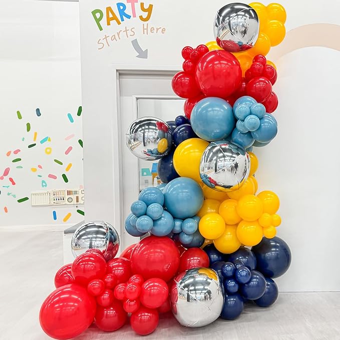 Red Blue Yellow Balloon Arch Kit with 4D Silver Ball Foil Balloons, Dusty Navy Blue Red Yellow Latex Balloons Garland for Carnival Circus Birthday Baby Shower Party Decorations