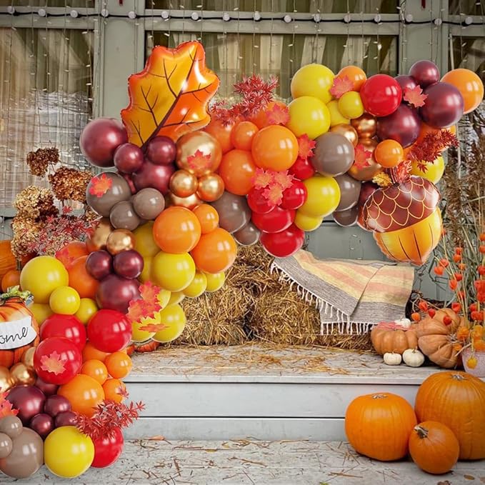 Fall Thanksgiving Balloon Arch Kit, 142Pcs Burnt Orange Burgundy Yellow Balloons with Maple Leaf Pumpkin Foil Balloons for Autumn Little Pumpkin Baby Shower Birthday Friendsgiving Party Decorations