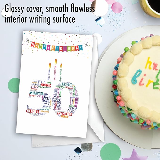 NobleWorks - 50th Funny Card for Birthday - Milestone Bday of 50 Years, Celebrate and Congrats Notecard with Envelope - Word Cloud 50 C3249MBG