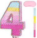 WERNNSAI Pink Sweet Four Piñata - Number 4 Piñata Happy Birthday Decoration Pink Rainbow Design Party Games for Girl Princess Baby Shower Party Favor with Blindfold Anniversary Celebration Supplies