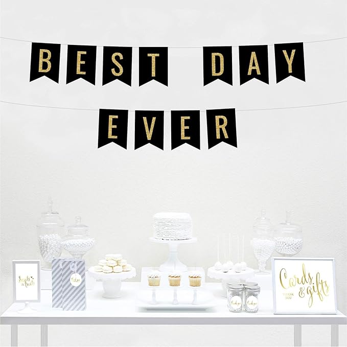 Andaz Press Faux Gold Glitter on Black Wedding Party Banner Decorations, Best Day Ever, Approx 5-Feet, 1-Set, Colored Hanging Pennant Decor