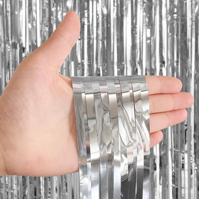 2 Pack Fringe Curtains Backdrops, Foil Fringe Curtains, Door Streamers for Birthday Wedding Bridal Shower Holiday Graduation Party Decorations, Photo Booth Backdrops, Silver